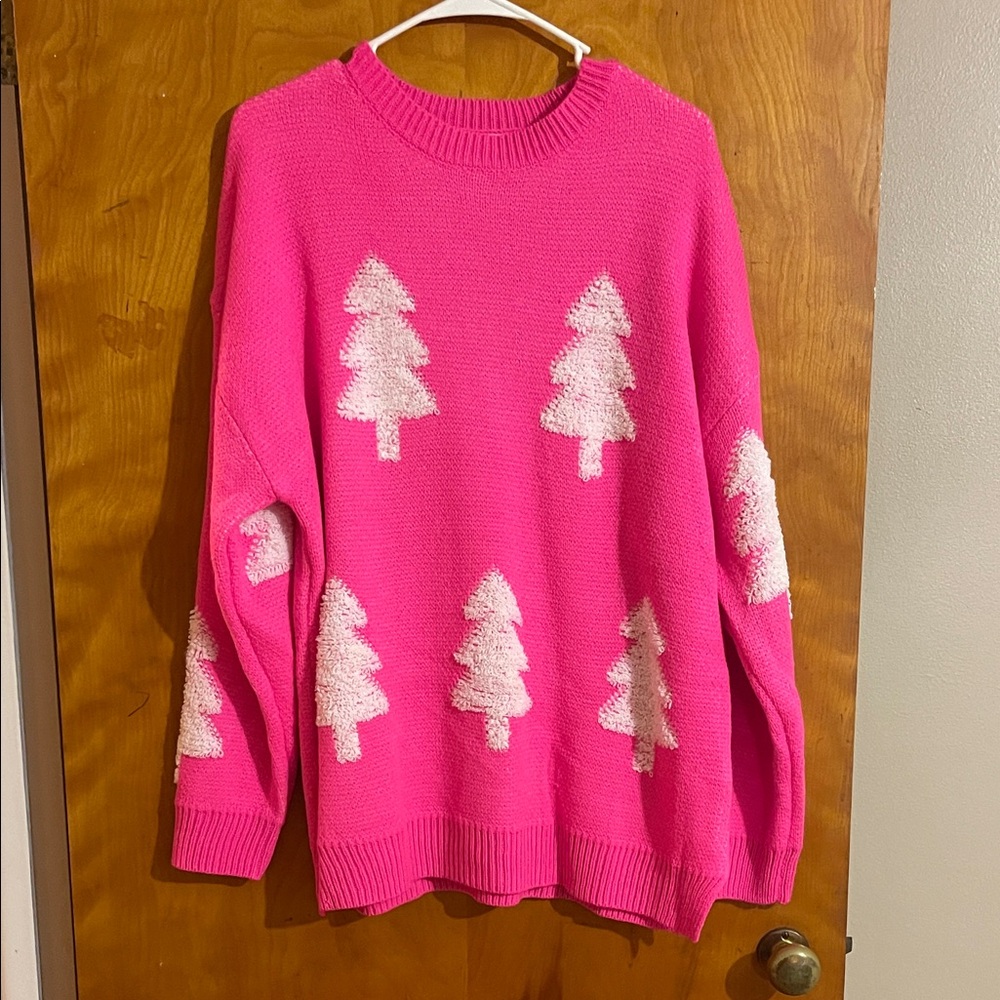Pink Lily Vibrant Pink Tree Pattern Sweater